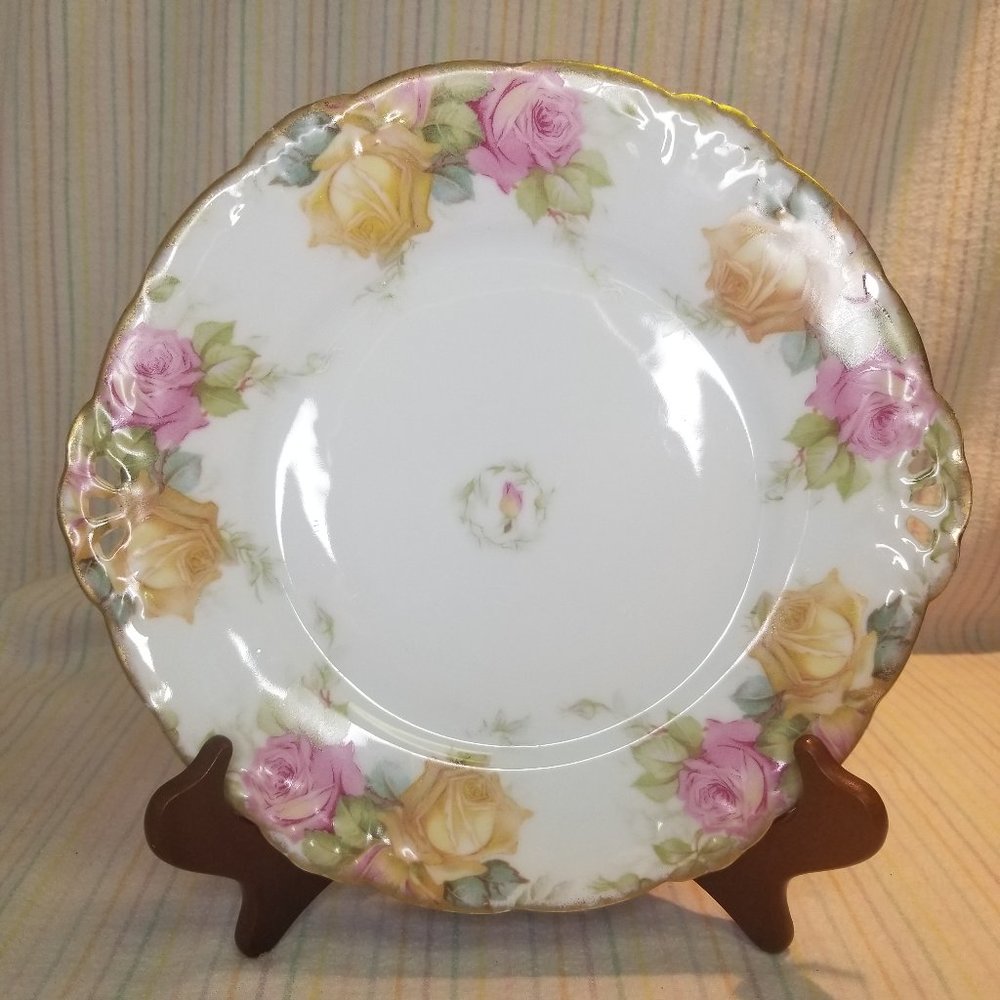 Antique 1900s Porcelain Thu. E MR Louvre Roses Floral Cake Plate Handles Bavaria